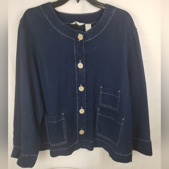 J.Jill Blue Denim Look Wood Button-Up Cardigan Jacket Sz L - Picture 2 of 8